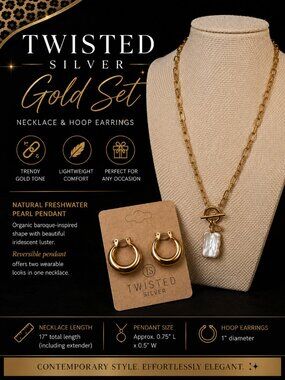Twisted Silver Gold Tone Necklace & Hoop Earrings Set NIB Freshwater Pearl